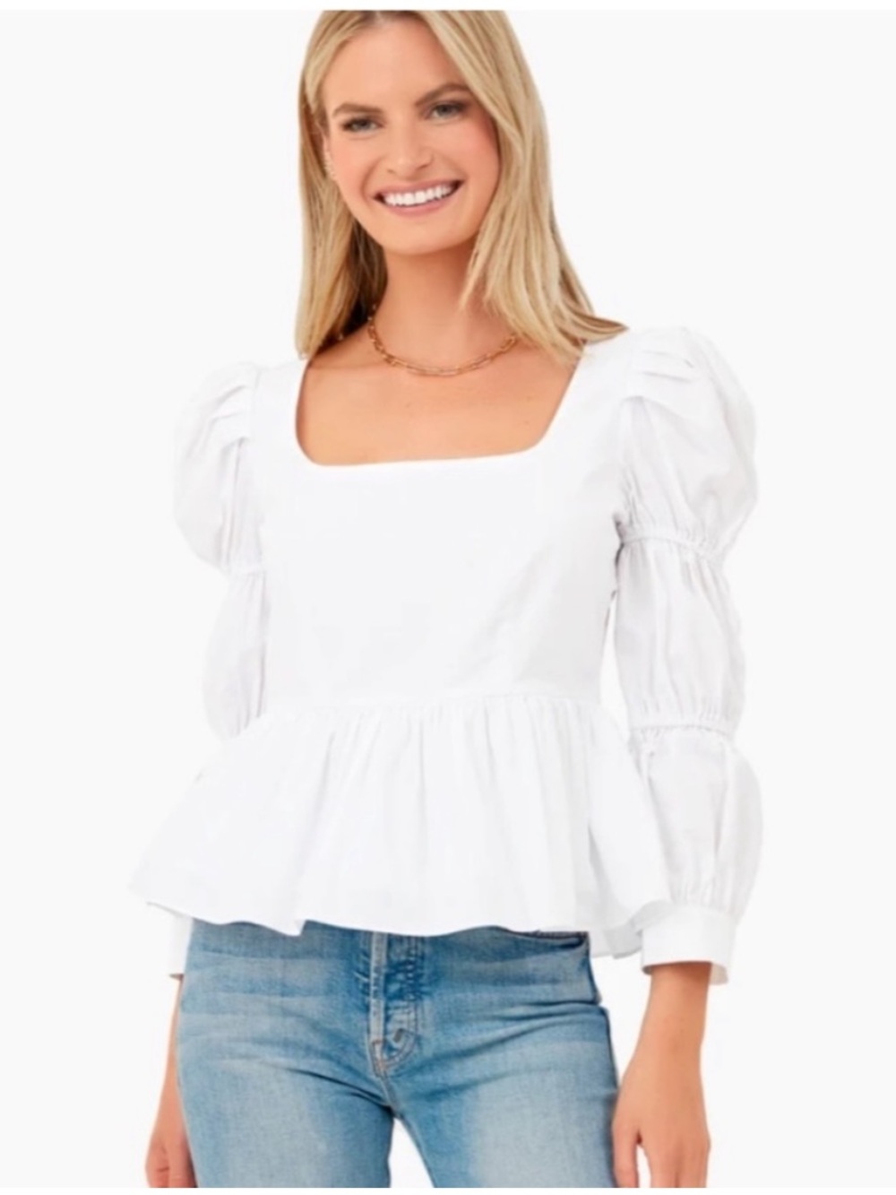 Tuckernuck White Square-Neck Peplum Blouse with Puff Sleeves